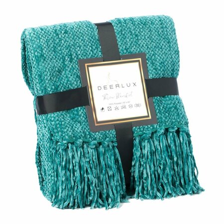 DEERLUX 60 x 50 in. Decorative Chenille Throw Blanket with Fringe, Turquoise DE435610